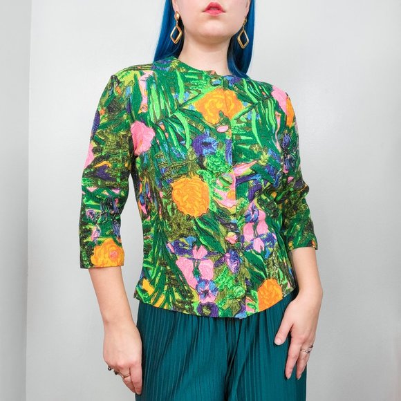Vintage 1960s Retro Green Floral Print Shacket / Blouse - Picture 2 of 7